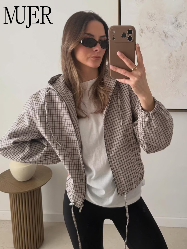 Varsity Jacket Letterman - MUJER Plaid Hooded Jacket Woman Autumn